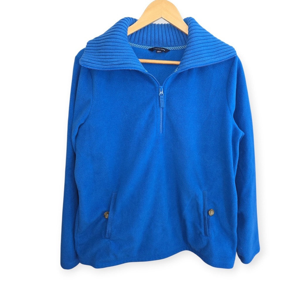 Lands End Blue‎ Fleece Quarter Zip Pullover Women's Large Ribbed Collar Pockets